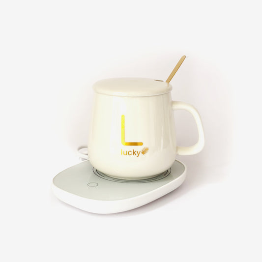Taza Blanca con Base Calentadora, Tapa y Cuchara
