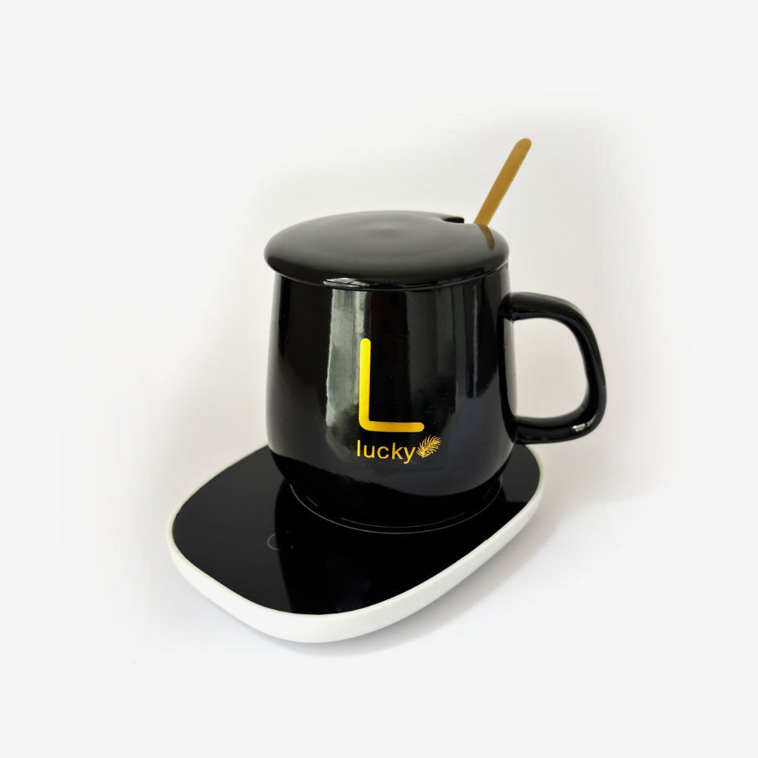 Taza Negra con Base Calentadora, Tapa y Cuchara