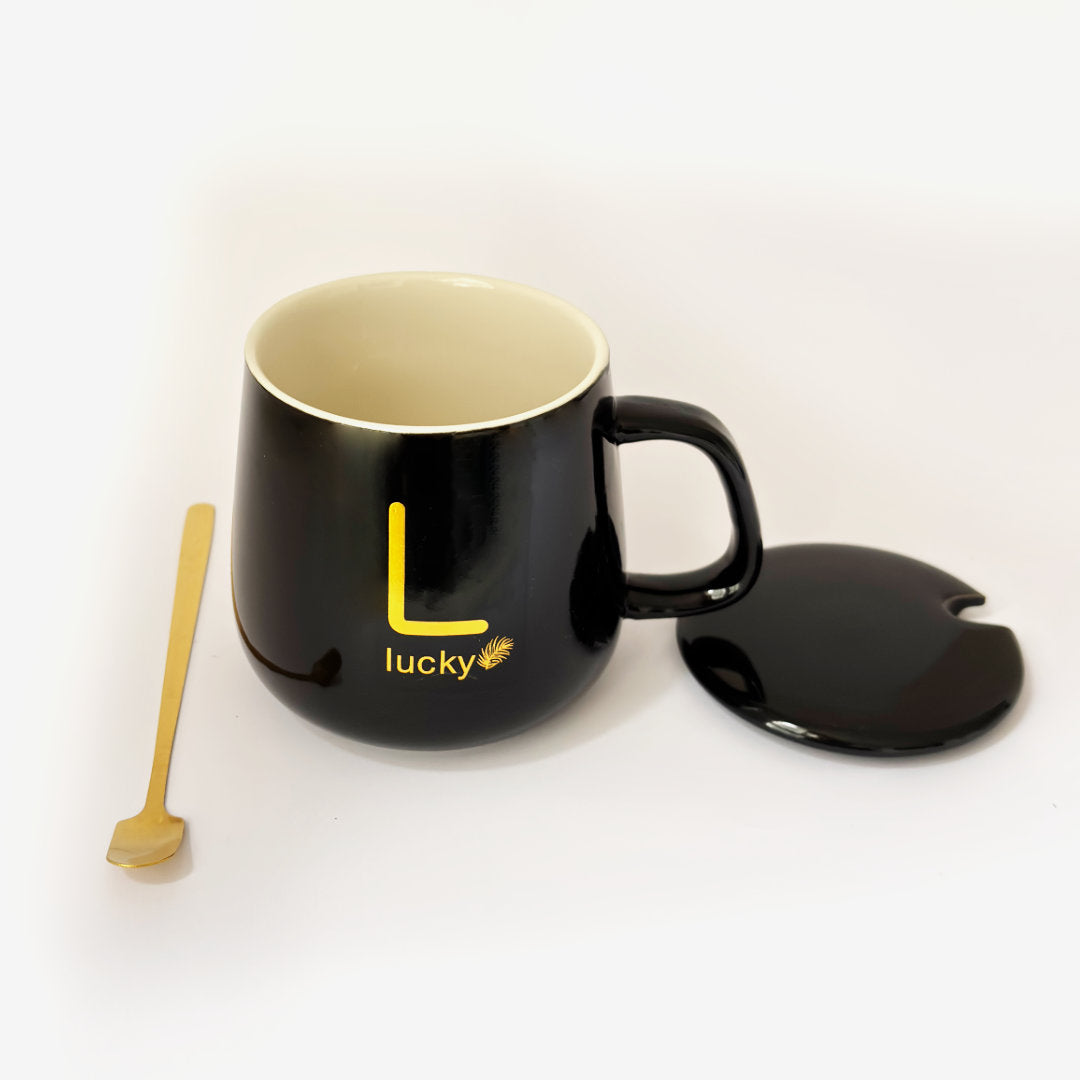 Taza Negra con Base Calentadora, Tapa y Cuchara
