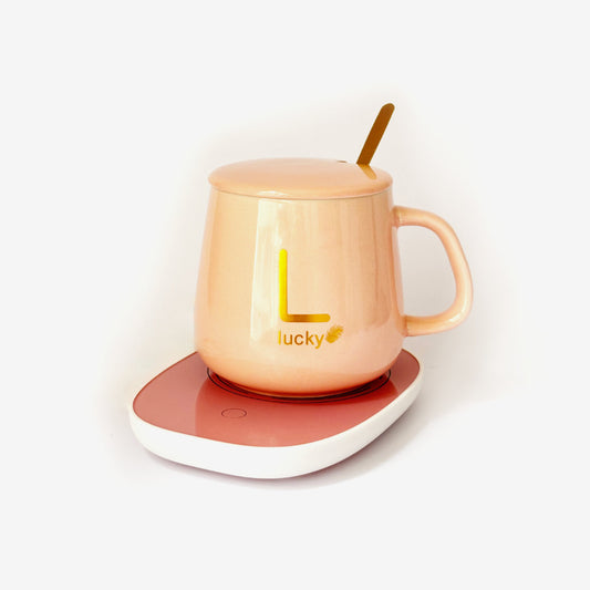 Taza Rosada con Base Calentadora, Tapa y Cuchara