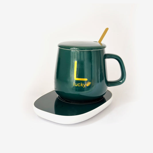 Taza Verde con Base Calentadora, Tapa y Cuchara