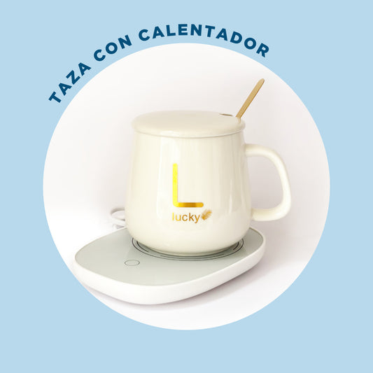 Taza Blanca con Base Calentadora, Tapa y Cuchara