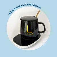 Taza Negra con Base Calentadora, Tapa y Cuchara