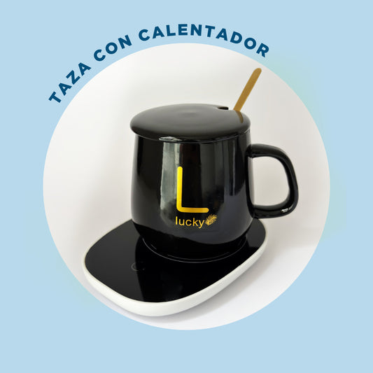 Taza Negra con Base Calentadora, Tapa y Cuchara