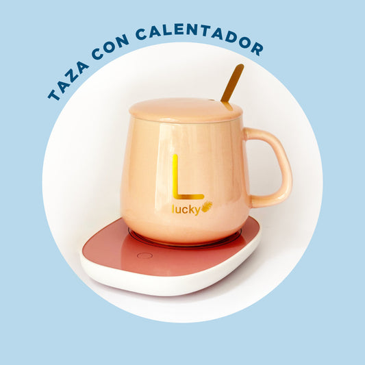 Taza Rosada con Base Calentadora, Tapa y Cuchara
